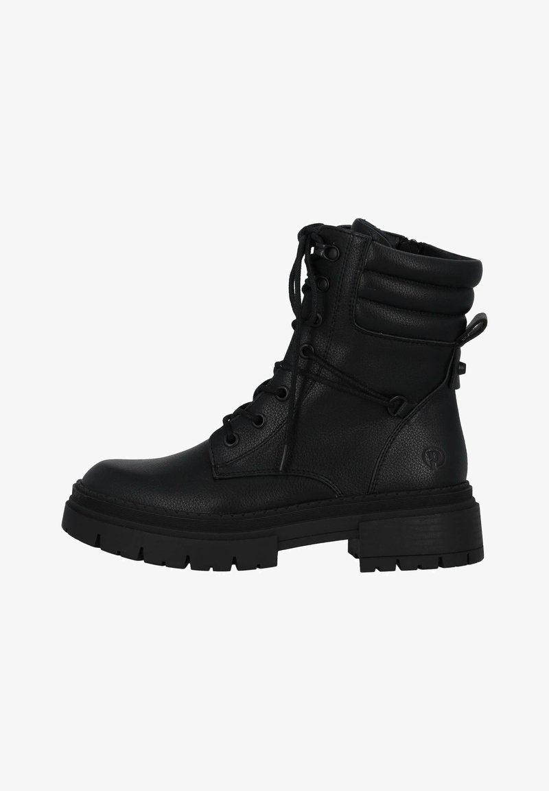 Botas de tobillo de cuero negro con diseño de cordones, cuello acolchado, suela resistente y costuras detalladas. Acabado elegante y texturizado con un branding sutil.