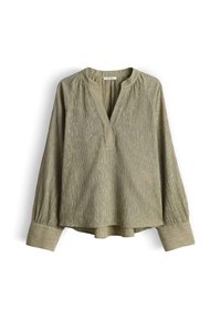Blouse vert olive clair à manches longues avec tissu texturé, col en V fendu, coupe ample et larges poignets.