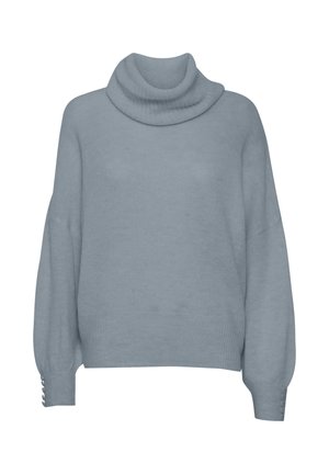Svetlo modra oversize pulover z visokim ovratnikom, rebrasto teksturo in gumbnimi detajli na rokavih. Mehka pletenina.