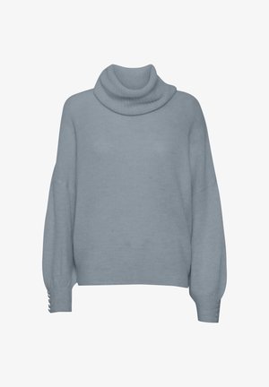 Svijetloplava oversized džemper s visokim okovratnikom, rebrastom teksturom i dugmadima na rukavima. Mekana pletiva.