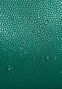 Primer plano de una superficie verde con textura y pequeñas gotas de agua dispersas por ella.