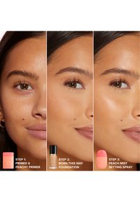 Three close-up faces showing makeup progression: bare skin with primer, smooth skin with foundation, and glowing skin with setting spray.