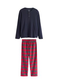 Marinefarbener Langarmshirt mit Knopfleiste; rote und grüne kariert Schlafanzughosen mit elastischem Bund und Kordelzug.