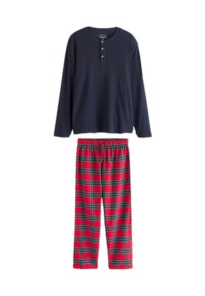 Navy long-sleeve shirt with buttoned henley neck; red and green plaid pajama pants with an elastic waistband and drawstring.