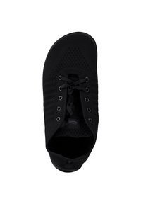 Black athletic shoe with a textured mesh upper, rounded toe, and six eyelets for laces. Features a soft interior lining and minimalistic design.