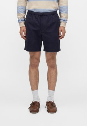 Bărbat purtând pantaloni scurți bleumarin, șosete albe până la gleznă, pantofi de barcă maro din piele și o cămașă cu mâneci lungi bej cu dungi bleu, stând în picioare pe fundal alb.