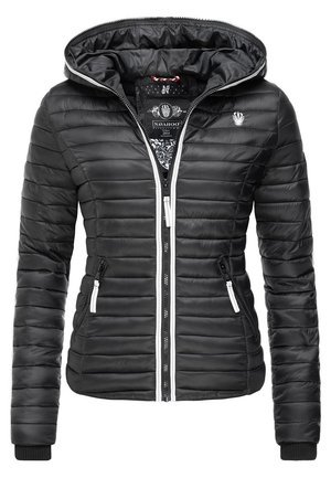Black padded jacket with a hood, features white zipper, two side pockets, and elastic cuffs. Textured material with horizontal stitching.