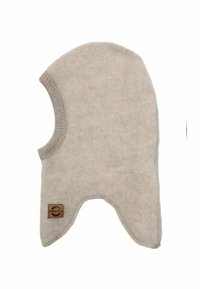 Wollene Balaklava in Hellbeige, runder Abschluss, offenes Gesicht mit Armöffnungen, glatte Textur, genähte Kanten, mit einem kleinen Logopatch.
