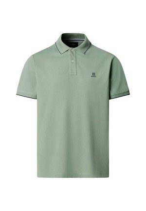 Polo à manches courtes vert clair avec deux boutons, bordure noire sur le col et les manches, et petit logo noir brodé sur la poitrine.