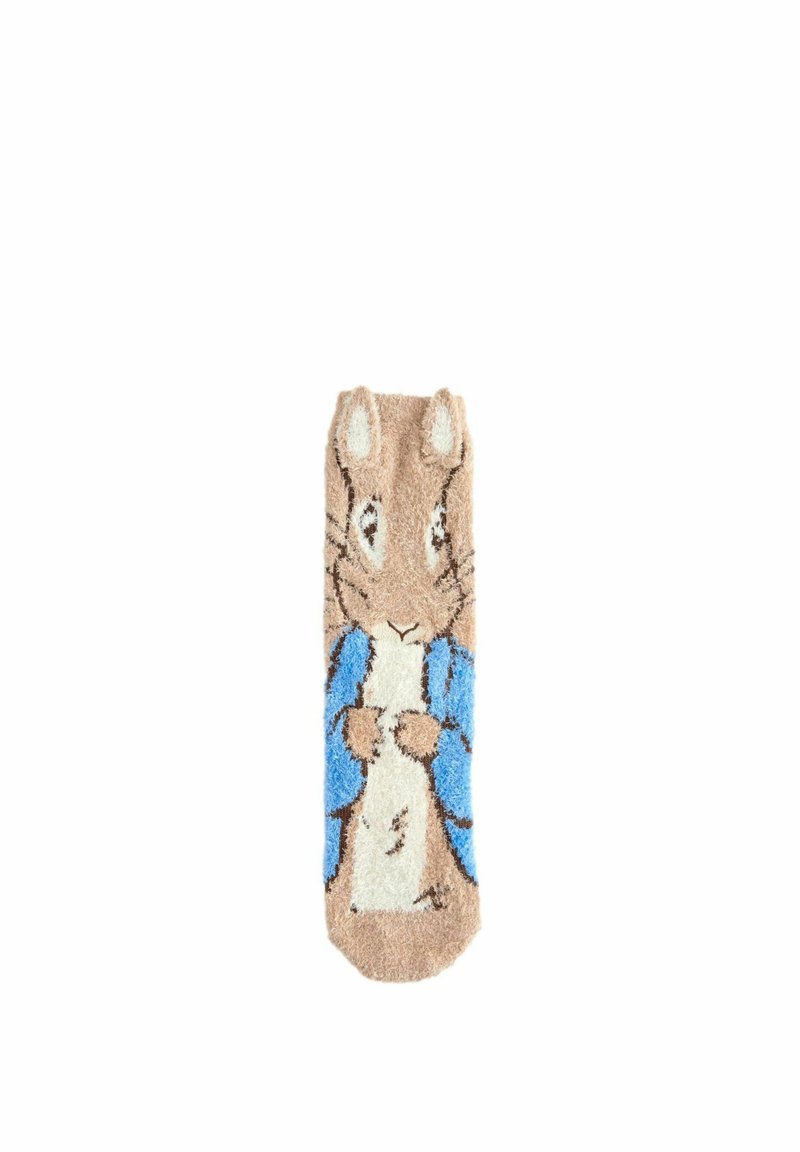 Bruine en crèmekleurige sok met een fuzzy textuur, afgebeeld met een cartoon konijn in een blauwe jas, met verhoogde details voor de ogen en poten.