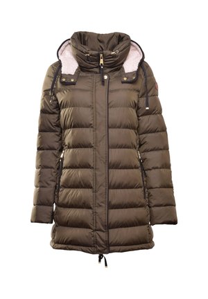 Olijfkleurige puffer jas met een hoge kraag, doorgestikt ontwerp, goudkleurige details en een trekkoord aan de zoom. Gevoerd met zacht materiaal.