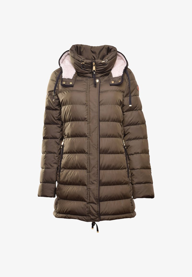 Doudoune vert olive avec col montant, design matelassé, garnitures dorées et cordon de serrage à l'ourlet. Doublée d'un matériau doux.
