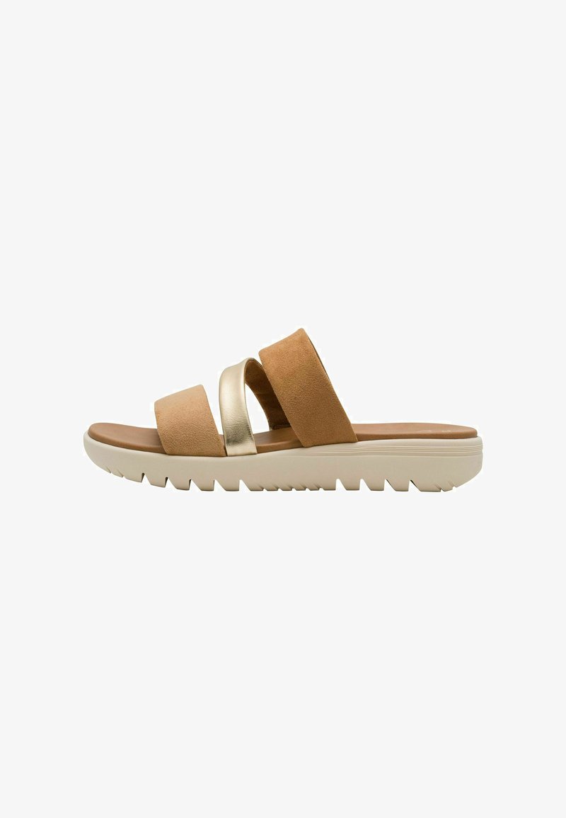 Sandales glissières en daim marron avec une bande métallique dorée, une semelle intérieure profilée et une semelle extérieure en caoutchouc texturé blanc avec un motif en zigzag.