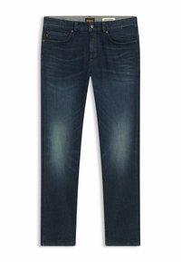 Dark blue denim jeans feature a straight-leg design, light fading at the thighs, and a leather patch on the back with logo detailing.