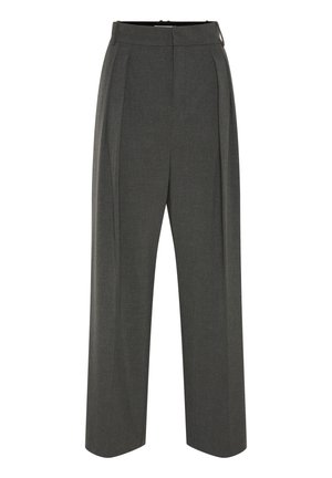 Szürke, széles szárú nadrág texturált anyagból, magas derékkal és elöl hajtásokkal. A kialakítás sima derékpántot tartalmaz, és nincsenek látható rögzítők.