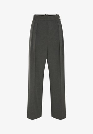 Szürke, széles szárú nadrág texturált anyagból, magas derékkal és elöl hajtásokkal. A kialakítás sima derékpántot tartalmaz, és nincsenek látható rögzítők.