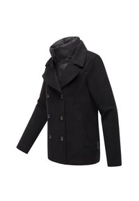 Manteau en laine noir croisé avec larges revers et col haut matelassé, présenté sur fond blanc.