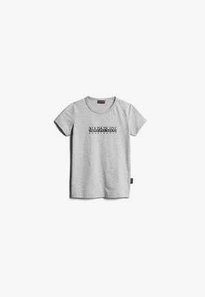 Grijze T-shirt met korte mouwen, gemaakt van katoen, met een zwart grafisch logo "Napapijri geographic" op de voorkant. Ronde halslijn, casual pasvorm.