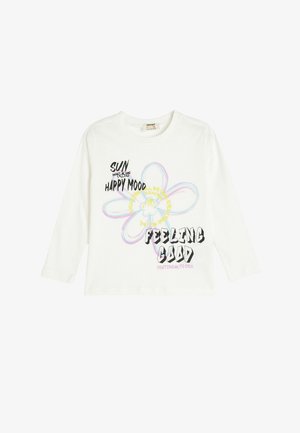 Witte long sleeve t-shirt van katoen, met een kleurrijke bloemengrafiek en tekst: "ZON," "VROLIJKHEID" en "GOED GEVOEL."