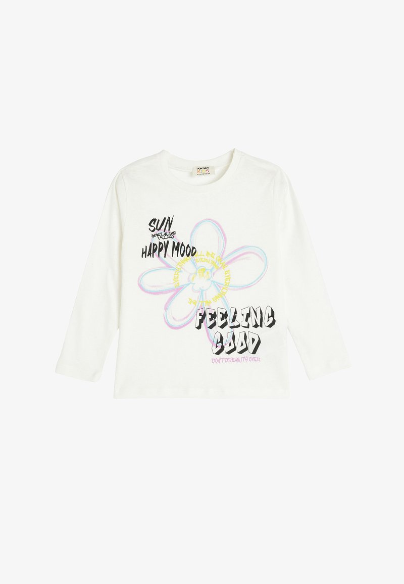 White long-sleeve t-shirt made of cotton, featuring a colorful flower graphic and text: "SUN," "HAPPY MOOD," and "FEELING GOOD."