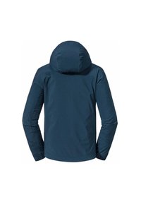 Marineblaue wasserdichte Jacke, isoliert, mit Kapuze, langen Ärmeln und glatter Textur. Verfügt über minimale Nähte und eine schlanke Silhouette.
