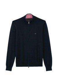 Cardigan en maille marine avec fermeture éclair intégrale, col et poignets côtelés. Présente un petit logo sur la poitrine et une texture lisse.