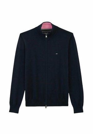 Cardigan en maille marine avec fermeture éclair intégrale, col et poignets côtelés. Présente un petit logo sur la poitrine et une texture lisse.