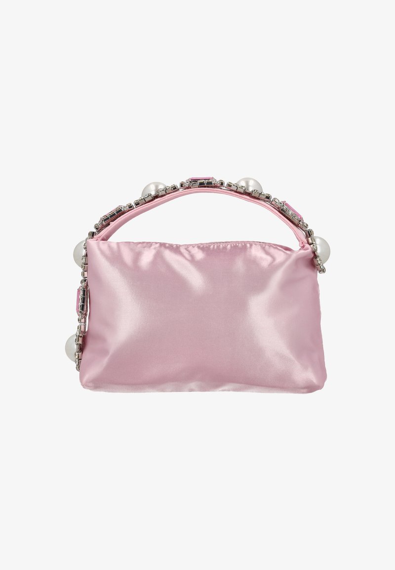 Sac à main en satin rose à la forme structurée, orné de pierres précieuses transparentes et roses, ainsi que de grandes perles blanches le long du bord supérieur.