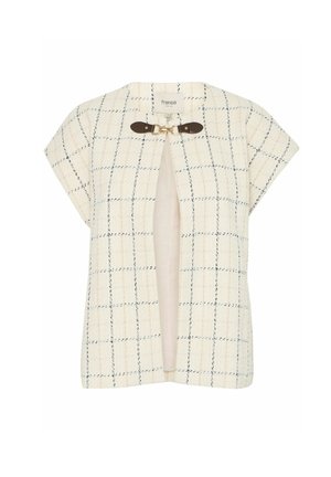 Cremfarbige Jacke mit Karomuster. Besitzt kurze Ärmel, eine lockere Passform und einen Klettverschluss mit dunkelbraunen Akzenten. Strukturiertes Gewebe.