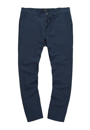 Marineblaue Hose aus leichtem Stoff, mit Reißverschluss, Knopfverschluss und zwei Seitentaschen mit glatter Textur.