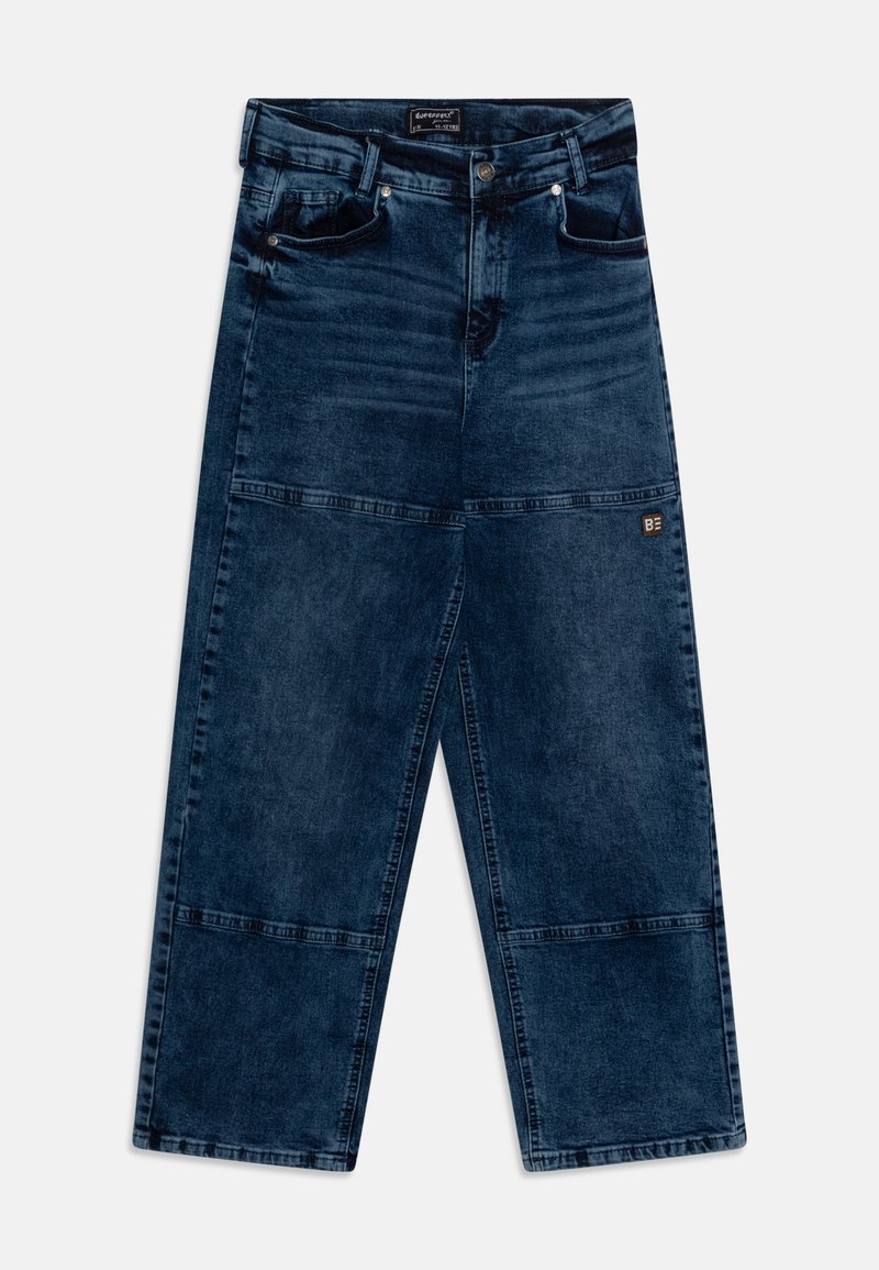 Mėlyni džinsai plačiais kojais su struktūrizuotu dizainu, turintys dvi priekinės kišenes, juosmenį su diržo kilpomis ir siuvinėtų panelių detales.