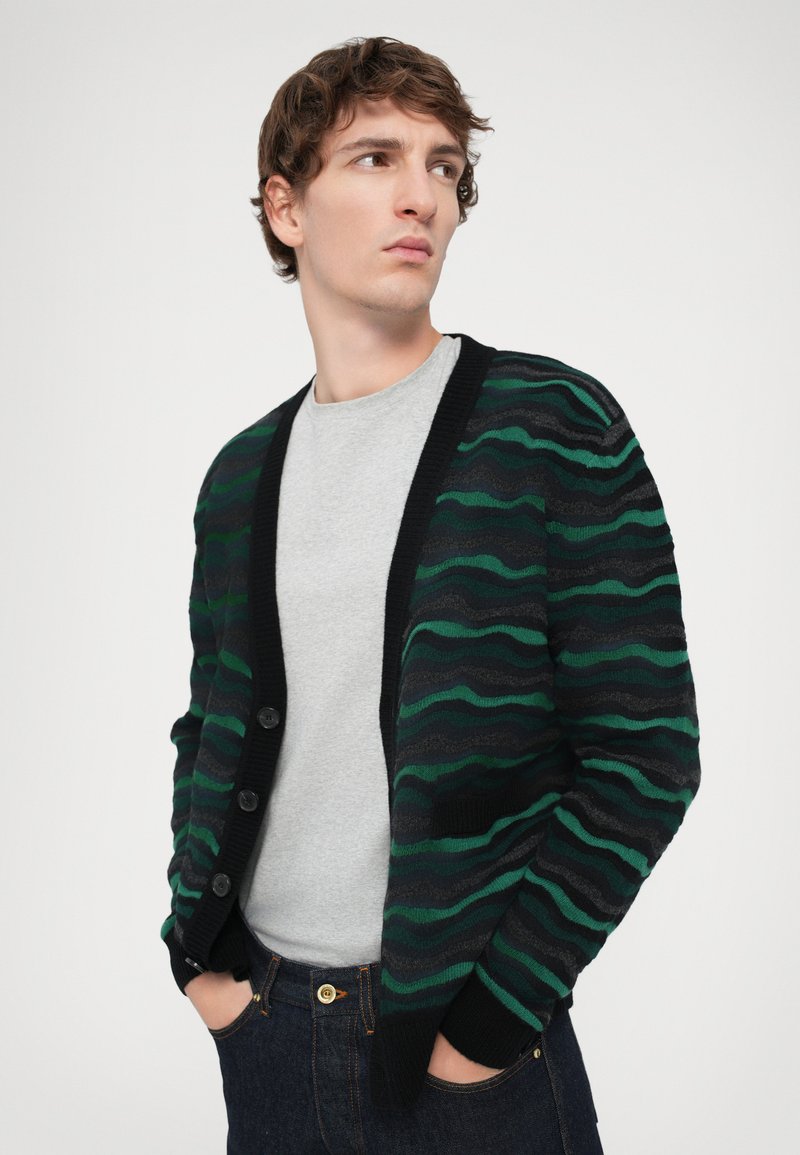 Knitted cardigan featuring green and black wavy stripes, a black border, and six buttons. Worn over a gray T-shirt with dark jeans.