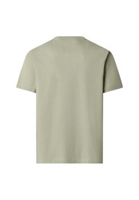 T-shirt à manches courtes vert olive clair uni, vu de dos sur fond blanc.