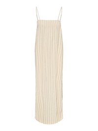 Robe longue beige sans manches avec fines rayures noires verticales et bretelles spaghetti.