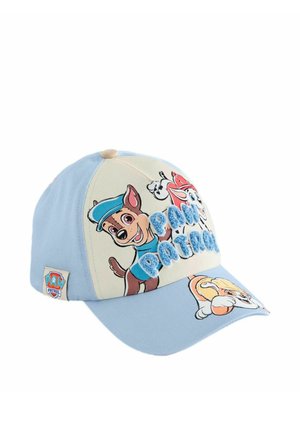 Hellblaues und beiges Kindercap mit den Paw Patrol Charakteren Chase, Skye und Rubble sowie strukturierter "Paw Patrol"-Beschriftung auf dem Frontpanel.