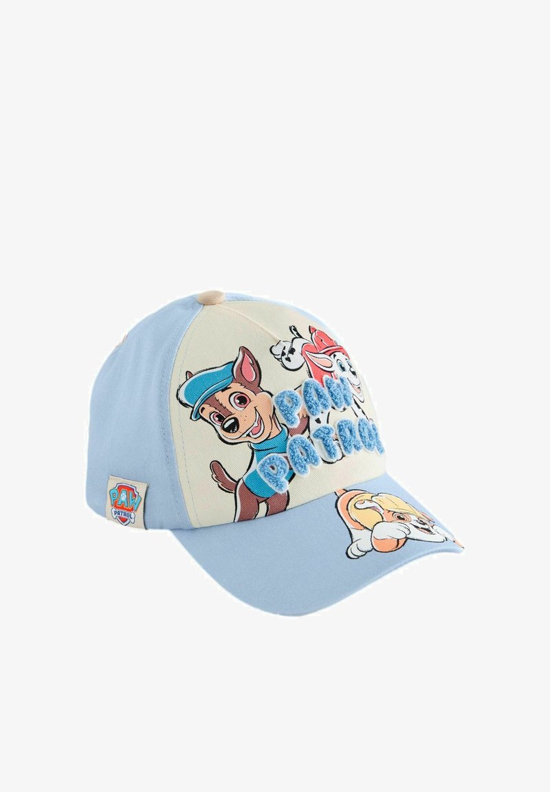 Casquette pour enfants bleu clair et beige avec les personnages de Pat' Patrouille Chase, Skye et Rubble, et texte en relief "Pat' Patrouille" sur le panneau avant.