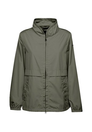 Lichte, olijfgroene jas met een rits aan de voorkant, hoge kraag, elastische boorden en een relaxte pasvorm zonder zichtbare patronen of accenten.