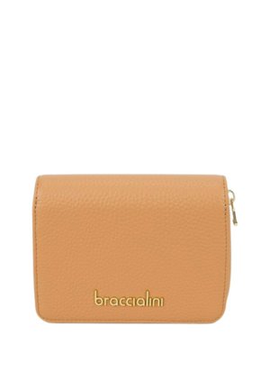 Portafoglio in pelle martellata color cuoio con cerniera dorata sul lato e logo dorato "braccialini" al centro davanti.