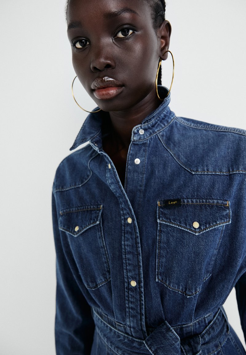 white christmas dresses Lee Western Dress Denim Check Shirt One-Piece Long Sleeve Western Shir