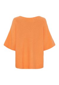 Orange, løstsiddende top med bred halsudskæring og klokkeærmer. Blød strik med en glat overflade uden synlige sømme eller mønstre.