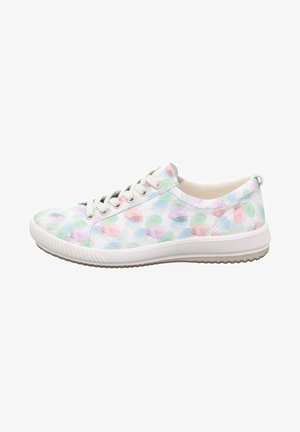 White athletic shoe with colorful watercolor dot pattern in pastel shades. Features a round toe, lace-up front, and textured rubber sole.