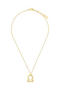 Złoty naszyjnik z delikatnym łańcuszkiem i abstrakcyjnym okrągłym zawieszeniem z warstwowym wzorem. Zapięcie na mały karabińczyk.