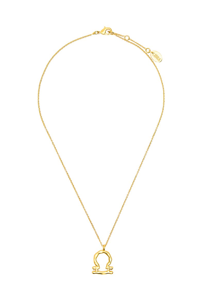 Złoty naszyjnik z delikatnym łańcuszkiem i abstrakcyjnym okrągłym zawieszeniem z warstwowym wzorem. Zapięcie na mały karabińczyk.