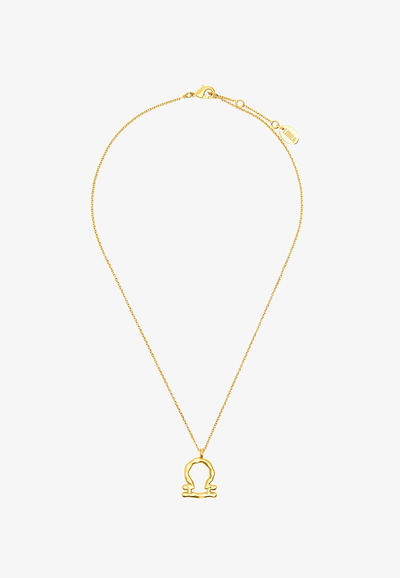 Złoty naszyjnik z delikatnym łańcuszkiem i abstrakcyjnym okrągłym zawieszeniem z warstwowym wzorem. Zapięcie na mały karabińczyk.