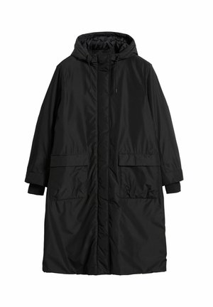 Black long parka jacket with a hood, made of smooth, lightweight fabric. Features two large front pockets and elastic cuffs.
