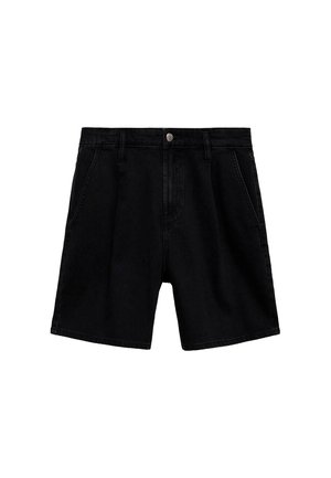 Shorts in denim nero con taglio dritto, design a cinque tasche e chiusura frontale con bottone. Presentano una texture liscia e cuciture pulite.