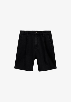 Shorts negri din denim, cu croială dreaptă, design cu cinci buzunare și închidere cu buton în față. Conțin o textură netedă și cusături curate.