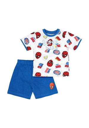 Completo due pezzi per bambini con una maglietta bianca a maniche corte a tema supereroe che presenta maschere rosse e pantaloni corti blu con un emblema di maschera rossa.