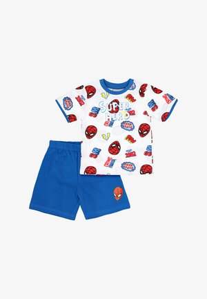 Kinderen twee-delige outfit met een witte shirt met korte mouwen in superheldenthema, versierd met rode maskers, en blauwe shorts met een rode masker-embleem.