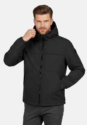 Zwarte capuchonjas met ritssluiting aan de voorkant, twee bovenzakken, elastische manchetten en een rechte zoom. Gemaakt van een glad, duurzaam materiaal.